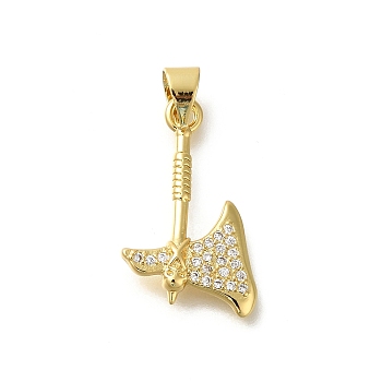 Rack Plating Brass Micro Pave Cubic Zirconia Pendants, Long-Lasting Plated, Lead Free & Cadmium Free, Tool Charms, Real 18K Gold Plated, Double-Sided Axe, 20.5x12x3mm, Hole: 4x3.5mm