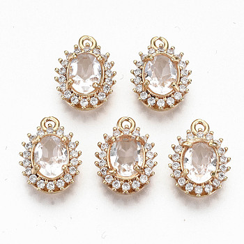 Brass Glass Rhinestone Pendants, with Micro Pave Clear Cubic Zirconia, Long-Lasting Plated, Cadmium Free & Lead Free, Oval, Light Gold, Crystal, 15.5x11.5x6mm, Hole: 1mm