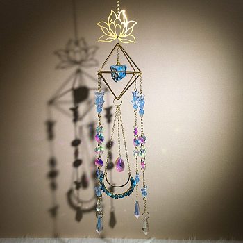 Metal Lotus Hanging Ornaments, Natural Apatite Chip and Glass Cone Tassel Suncatchers for Home Garden Outdoor Decoration, 500mm