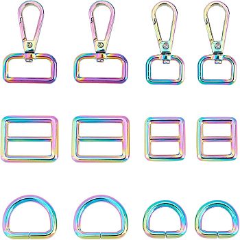 12Pcs Zinc Alloy Adjustable Buckle& Swivel Clasps, Iron D Rings, Rainbow Color, 26x24x4mm