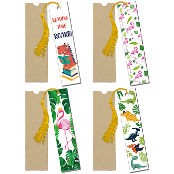 Flamingo & Dinosaur Pattern Acrylic Bookmarks, with Polyester Tassel Decorations, Paper Bags, Mixed Color, Bookmark: 120x28mm, 4pcs/set