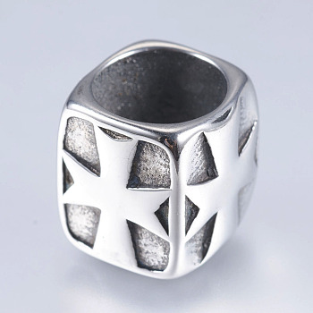 304 Stainless Steel Beads, Large Hole Beads, Cuboid with Cross, Antique Silver, 11x11.5x10.5mm, Hole: 8.5mm