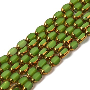 Electroplate Glass Beads Strands, Opaque Solid Color, Half Golden Plated, Faceted, Oval, Yellow Green, 7x4.5x3.5mm, Hole: 0.8mm, about 49~51pcs/strand, 12.99''~13.90''(33~35.3cm)