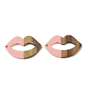 Resin and Walnut Pendants, Lip, for Valentine's Day Gift, Pink, 23.5x37.5x3mm, Hole: 2mm