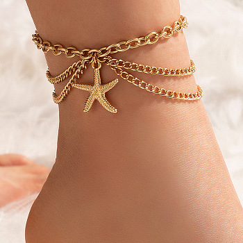 Golden Alloy Chains Multi-layer Anklets, with Charms, Starfish, 9-1/4 inch(23.5cm)