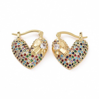 Cubic Zirconia Heart Thick Hoop Earrings, Golden Brass Jewelry for Woman, Colorful, 22~23x20.5~21x7mm, Pin: 0.8~1.2x0.7~0.8mm