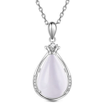 SHEGRACE 925 Sterling Silver Pendant Necklaces, with Grade AAA Cubic Zirconia and Cat Eye, teardrop, Platinum, 15.35 inch(39cm), Drop: 22.8x13.6mm