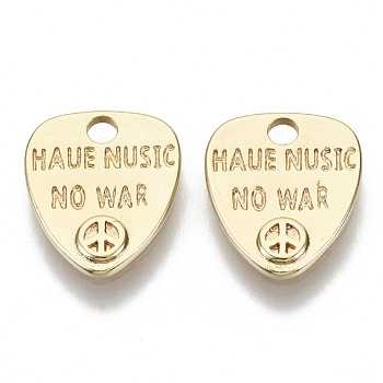Brass Charms, Nickel Free, Peace Sign with Word Haue Nusic No War, Golden, 12x10x1mm, Hole: 1.8mm