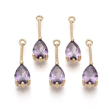 Transparent Glass Pendants, with Golden Tone Brass Findings, Faceted, Teardrop, Violet, 18x5x4mm, Hole: 1mm