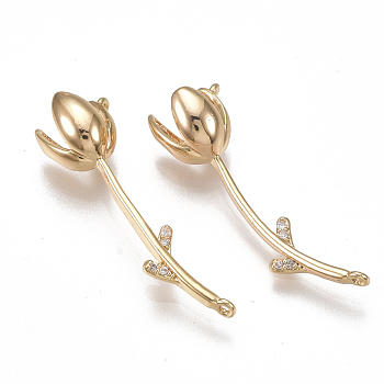 Brass Links Peg Bails, with Cubic Zirconia, For Half Drilled Bead, Nickel Free, Real 18K Gold Plated, Flower, Clear, 27x8x6.5mm, Hole: 0.7mm, Pin: 0.8mm