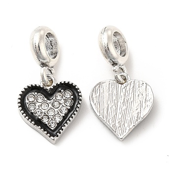 Rack Plating Alloy Black Enamel European Dangle Charms, with Crystal Rhinestone, Large Hole Charms, Heart, Platinum, 25mm, Heart: 15x13x2mm, Hole: 5mm