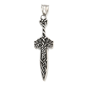 Viking 316 Surgical Stainless Steel Pendants, Sword Charm, Antique Silver, 55x16x4mm, Hole: 8.4x4.3mm