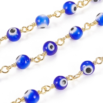 3.28 Feet Handmade Evil Eye Lampwork Round Beaded Chains, with Brass Findings, Unwelded, Long-Lasting Plated, Golden, Medium Blue, 15x3x6x1.8mm, Beads: 6mm