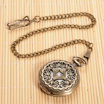 Filigree Flat Round Alloy Pendant Pocket Quartz Watch Necklaces, with Iron Chains, Antique Bronze, 355mm, Watch: 59x47x14mm, Watch Face: 36mm