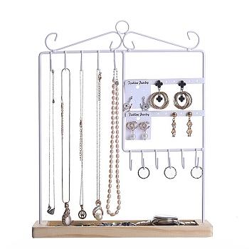 Iron Jewelry Organizer Display Rack, with Wooden Tray, for Necklaces Earrings Rings Display, White, 27.6x9.5x34.5cm