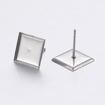 304 Stainless Steel Ear Stud Findings, Square, Stainless Steel Color, Tray: 10x10mm, 11x11x1.2mm, Pin: 0.8mm