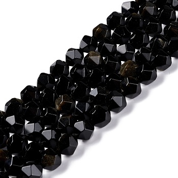 Natural Golden Sheen Obsidian Beads Strands, Polygon, Faceted, 9x10mm, Hole: 1mm, about 37pcs/strand, 15.16''(38.5cm)