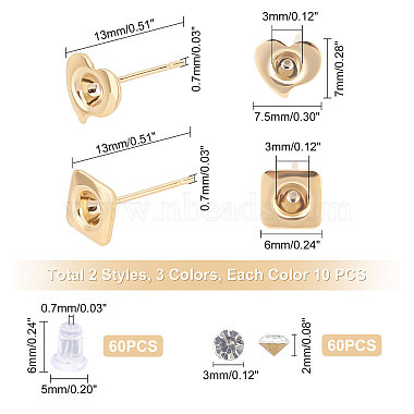 Unicraftale 60Pcs Square & Heart 304 Stainless Steel Ear Stud Components(DIY-UN0002-76)-6
