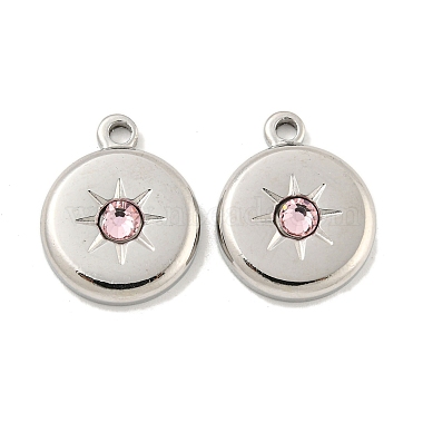 Stainless Steel Color Coral Flat Round Stainless Steel+Glass Pendants