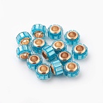 Glass European Beads, Large Hole Beads, with Alloy Cores, Column, Light Gold, Sky Blue, 9x7mm, Hole: 4.7~5mm(GLAA-G064-01G)