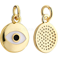 Brass Enamel Charms, with Jump Rings, Long-Lasting Plated, Flat Round with Evil Eye, Real 18K Gold Plated, 12.5x10x2mm, Hole: 3mm, 10pcs/box(KK-BC0004-59)