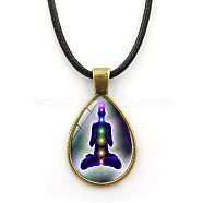 Yoga Theme Alloy Teardrop Pendant Necklace with Wax Rope for Women, Black, 16.93 inch(43cm)(CHAK-PW0001-007H)