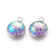 Resin Pendants, with 304 Stainless Steel Finding, Flat Round with Mermaid Fish Scale Shaped, Stainless Steel Color, Plum, 18x14x3.5mm, Hole: 2mm(RESI-L024-11)