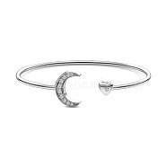 Moon Rhodium Plated 925 Sterling Silver Micro Pave Cubic Zirconia Cuff Bangles for Women, Real Platinum Plated, Inner Diameter: 2-1/4x1-7/8 inch(5.75x4.8cm)(BJEW-C062-05P)