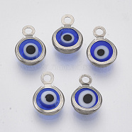 Handmade Lampwork Charms, with 304 Stainless Steel Findings, Flat Round with Evil Eye, Blue, 9.5x6.5x2.5mm, Hole: 1.5mm(STAS-T041-01-04)