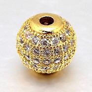 Round Brass Micro Pave Cubic Zirconia Beads, Clear, Real 18K Gold Plated, 6mm, Hole: 1.8mm(ZIRC-N016-01G-6MM)