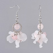 Dangle Earrings, with Natural Rose Quartz Chip Beads, Frosted Acrylic Pendants, Brass Earring Hooks and Iron Finding, Flower, 58~61mm, Pin: 0.6mm(EJEW-JE04033-03)