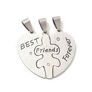 Friendship 201 Stainless Steel Rhinestone Pendants, Split Pendants, Heart with Word Best Friends Forever, Stainless Steel Color, 32x35.7x1.4mm, Hole: 8.5x4.3mm(STAS-K251-018P)