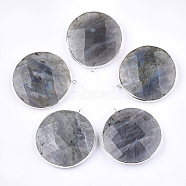 Natural Labradorite Pendants, with Brass Findings, Faceted, Flat Round, Platinum, 35~35.5x32~32.5x7mm, Hole: 1.5mm(G-T112-29A)