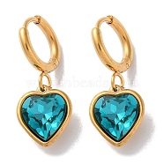 PVD Vacuum Plating 304 Stainless Steel Hoop Earrings, with Rhinestone, Heart, Blue Zircon, 26x10mm(EJEW-C106-01G-01)