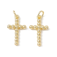 Brass Pendants, Religion Cross Charms, with Open Jump Rings, Real 18K Gold Plated, 20x11x2mm, Hole: 3mm, Ring: 5x0.9mm(KK-K271-18G)