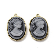 304 Stainless Steel Pendants, Oval Resin Cameo Lady Charms, Gray, Real 14K Gold Plated, 22x14.5x4.5mm, Hole: 1.2mm(STAS-L022-044G)