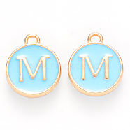 Golden Plated Alloy Enamel Charms, Cadmium Free & Lead Free, Enamelled Sequins, Flat Round, Sky Blue, Letter.M, 14x12x2mm, Hole: 1.5mm(ENAM-S118-04M)