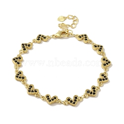 Rack Plating Brass Micro Pave Cubic Zirconia Heart Link Chain Bracelets for Women, Cadmium Free & Lead Free, Long-Lasting Plated, Real 18K Gold Plated, Black, 7-1/2 inch(19cm)(BJEW-P323-09G-01)