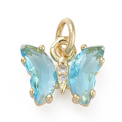 Brass Micro Pave Clear Cubic Zirconia Pendant, with Glass, Butterfly, Golden, Light Cyan, 11x9.5x3mm, Hole: 3.5mm(ZIRC-P079-B01-07)