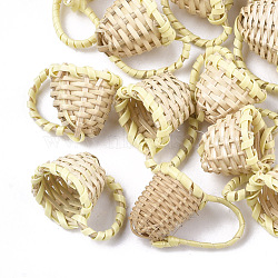 Handmade Reed Cane/Rattan Woven Pendants, For Making Straw Earrings and Necklaces, Basket, Lemon Chiffon, 20~25x20~30x13~18mm(X-WOVE-T006-093A)