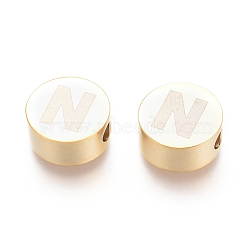 304 Stainless Steel Beads, Flat Round with Letter, Letter.N, 10x4.5mm, Hole: 2mm(STAS-I126-02G-N)