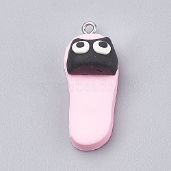 Handmade Polymer Clay Pendants, with Iron Findings, Slipper with Cat Shape, Platinum, Pearl Pink, 34~35x14x12.5mm, Hole: 2mm(X-CLAY-T012-28)