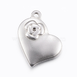 304 Stainless Steel Pendant Rhinestone Settings, Heart with Rose, Stainless Steel Color, Fit For 1mm Rhinestone, 25x20x5mm, Hole: 2mm(STAS-E421-069P)