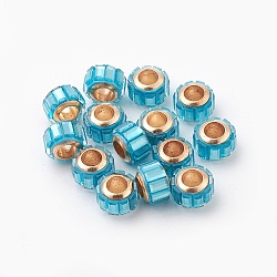 Glass European Beads, Large Hole Beads, with Alloy Cores, Column, Light Gold, Sky Blue, 9x7mm, Hole: 4.7~5mm(GLAA-G064-01G)