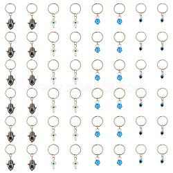 Natural White Shell & Natural Turquoise & Alloy & Resin Evil Eye Dreadlocks Beads, Braiding Hair Pendants Decoration Clips, Cross/Round/Flower/Hamsa Hand, Antique Silver & Platinum, 26~37mm, 4 style, 6pcs/style, 24pcs/set(PALLOY-AB00065)