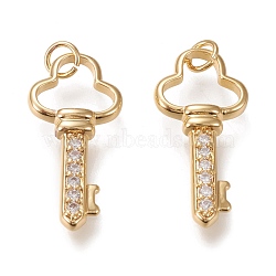 Brass Micro Pave Cubic Zirconia Pendants, Long-lasting Plated, Cloudy Key, Clear, Golden, 27x13x2mm, Hole: 3.4mm(KK-K246-40G)