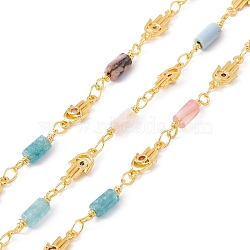 Handmade Eco-friendly Brass Hamsa Hand Link Chain, with Cubic Zirconia and Natural Gemstone Column Beaded, Real 18K Gold Plated, Lead Free & Cadmium Free, Soldered, with Spool, 13x3.5mm, 11x5x2mm(CHC-E025-51G)