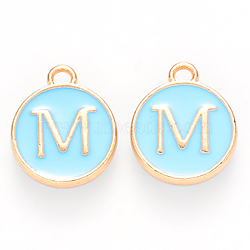Golden Plated Alloy Enamel Charms, Cadmium Free & Lead Free, Enamelled Sequins, Flat Round, Sky Blue, Letter.M, 14x12x2mm, Hole: 1.5mm(ENAM-S118-04M)