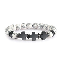 Round Natural Howlite Beaded Stretch Bracelets, Cross Synthetic Non-magnetic Hematite Bracelets for Women Men(ED3000-5)