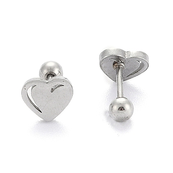 201 Stainless Steel Barbell Cartilage Earrings, Screw Back Earrings, with 304 Stainless Steel Pins, Heart, Stainless Steel Color, 8x8x2mm, Pin: 1mm